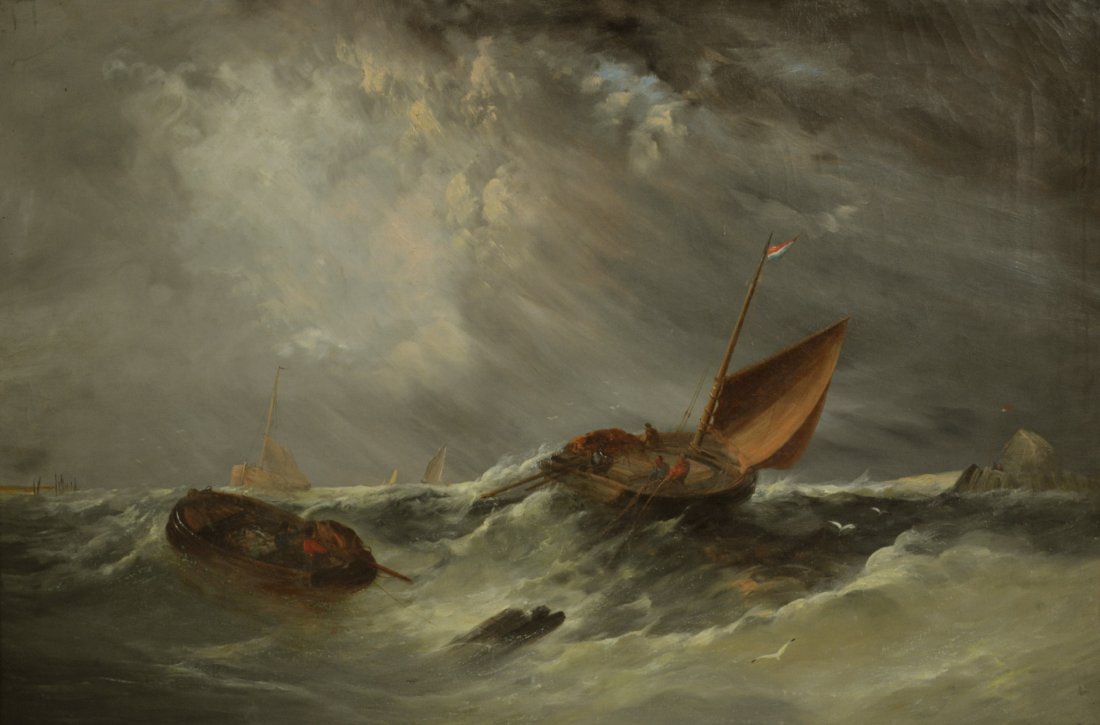 O/C Seascape w/Fishing Boats, 1880: O/C Seascape w/Fishing Boats, 1880 Medium: Oil Support: Canvas Artist: Unknown Artist Dates: Circa 1800 Country of Origin: Britain Title & Description: ' In A storm' Oil painting depicts fishing boats