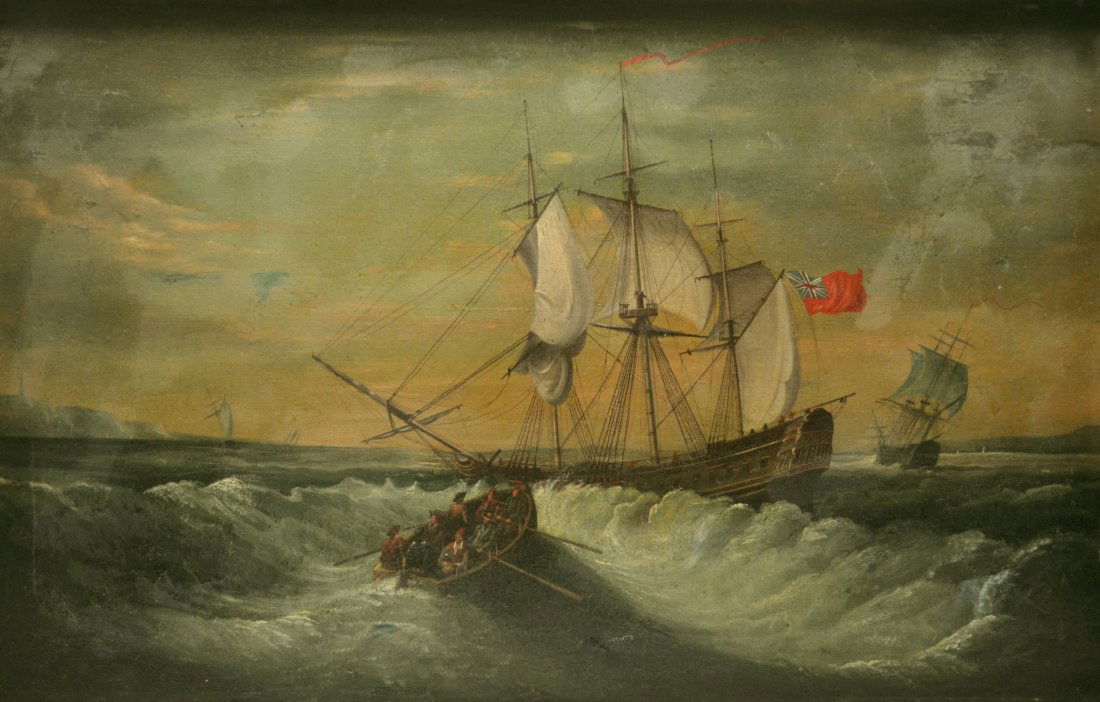 O/C 'Frigate, Hove To', British School, 19th C.: O/C 'Frigate, Hove To', British School, 19th C. Medium: Oil. Support: Canvas. Country of Origin: Great Britain. Title & Description: 'Frigate Hove To' awaiting its crew. The frigate in the foreground