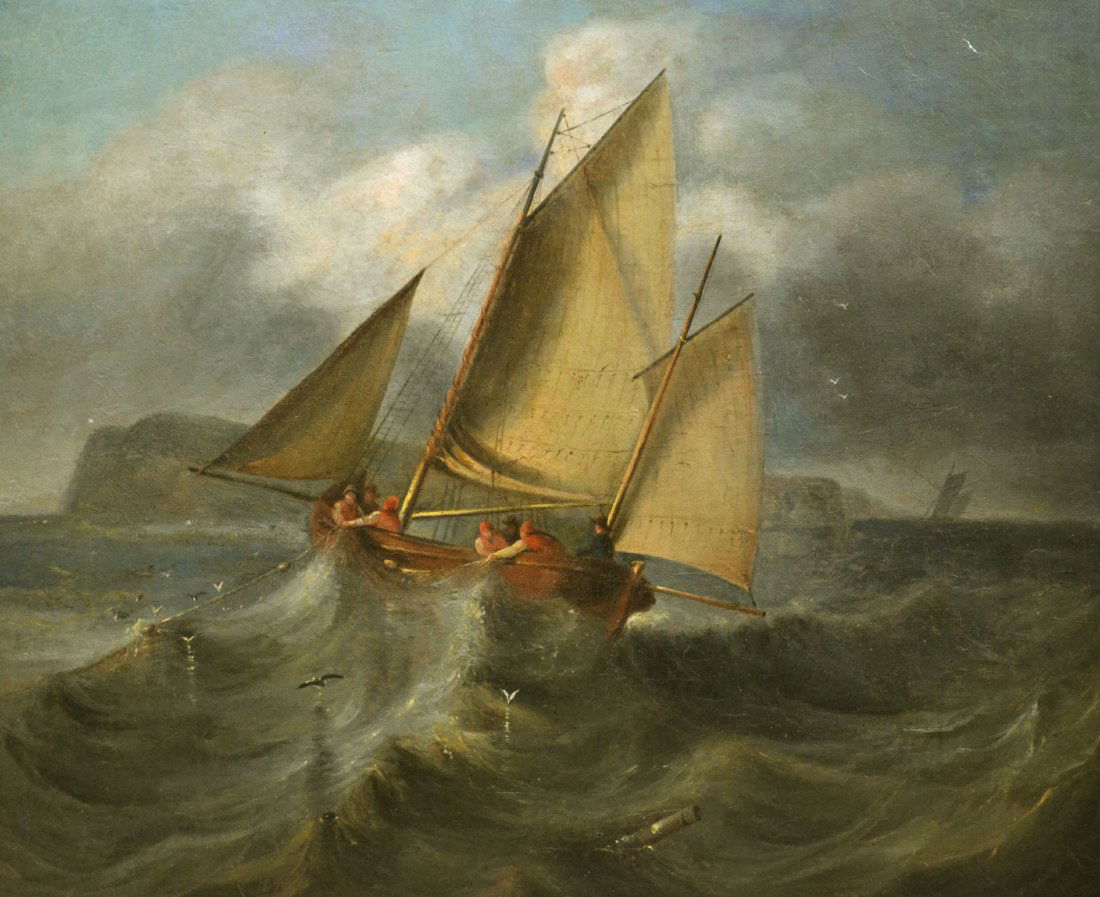 O/C "Fishermen's Catch", British school: O/C "Fishermen's Catch", British school Medium: Oil Support: Canvas Artist: Bristish school Artist Dates: Circa 1880 Country of Origin: English Title & Description: 'Fishermen's Catch' depicts fisherm