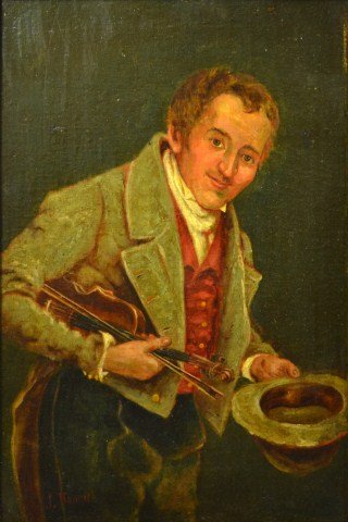 **Late Edition** O/C 'Violinist' by J. Henrich: **Late Edition** O/C 'Violinist' by J. Henrich Medium: Oil Support: Canvas Artist: J. Henrich? Title & Description: 'Violinist'. Painting depicts a man holding his violin while holding out his hat for