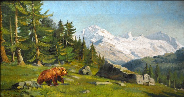 **Late Addition** O/C After Carl Rungius: **Late Addition** O/C After Carl Rungius Medium: Oil Support: Canvas Artist: After Carl Rungius Artist Dates: (1869 - 1959) Country of Origin: America. Title & Description: 'Grizzly Bear'. Painting de