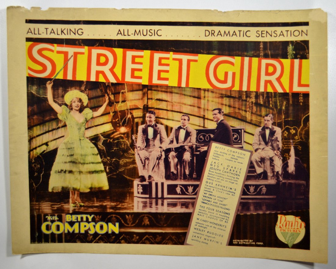 Movie Poster, "Street Girl" (1929) Betty Compson: Half sheet movie poster from "Street Girl" (RKO, 1929). Starring Betty Compson, John Harron, Jack Oakie, Ned Sparks, and Gus Arnheim's Coconut Grove Band. Directed by Wesley Ruggles. Size: 22" L x 28"