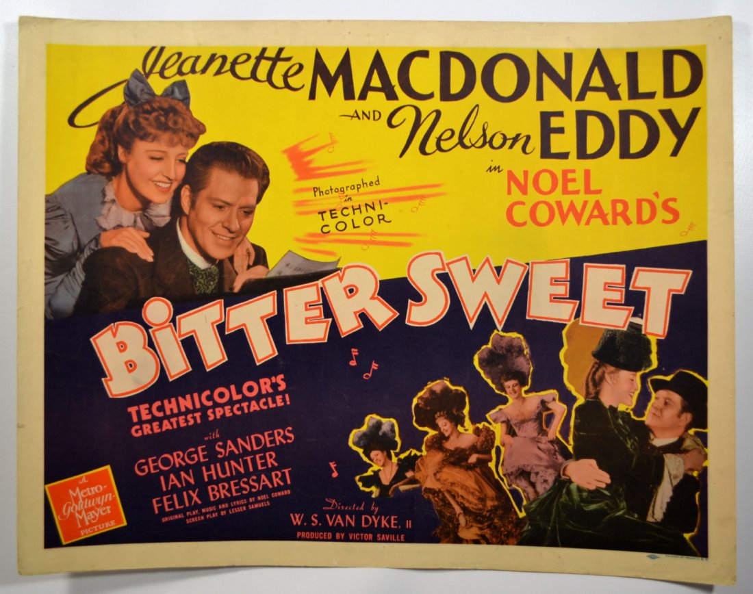 Movie Poster, "Bittersweet" (1962) Musical: Half sheet movie poster from "Bitter Sweet" (MGM, R-1962). Starring Jeanette MacDonald, Nelson Eddy, George Sanders, Ian Hunter, Felix Bressart, Edward Ashley, Lynne Carver, Diana Lewis, Fay Holden. D