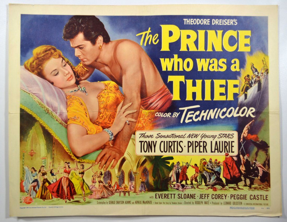 Movie Poster, "The Prince Who Was a Thief" (1951): Half sheet movie poster from "The Prince Who Was a Thief" (Universal International, 1951). An assassin (Everett Sloane) is sent to kill a baby prince but cannot go through with it. He decides to raise