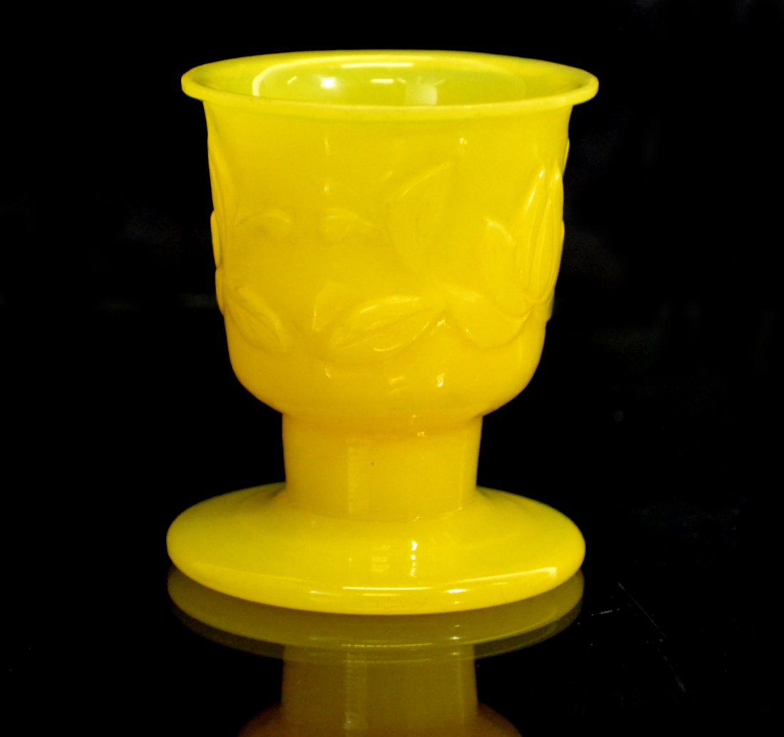 Cup, Chinese Peking Glass, Imperial Yellow: Form: Cup Colors: Imperial Yellow Period: Qing Dynasty Decoration: Footed with floral carving around body. Provenance: Ina & Sandford Gadient Collection Size: 3" H x 2.5"Diameter Weight: 8 oz Conditio