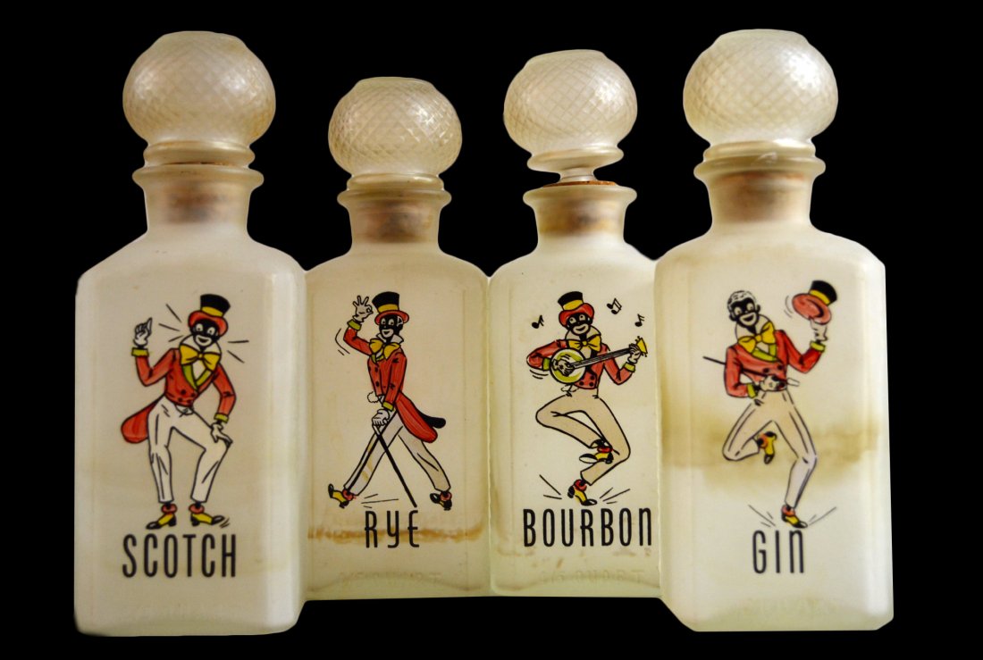 (4) Liquor Bottles w/ Paint Decoration, c.1950: Form: (4) Liquor Bottles Decoration: Frosted scotch, gin, rye and bourbon glass bottles. 4/5 quart. Each bottle has the same figure painted on face of bottle but with different expressions. Black memo