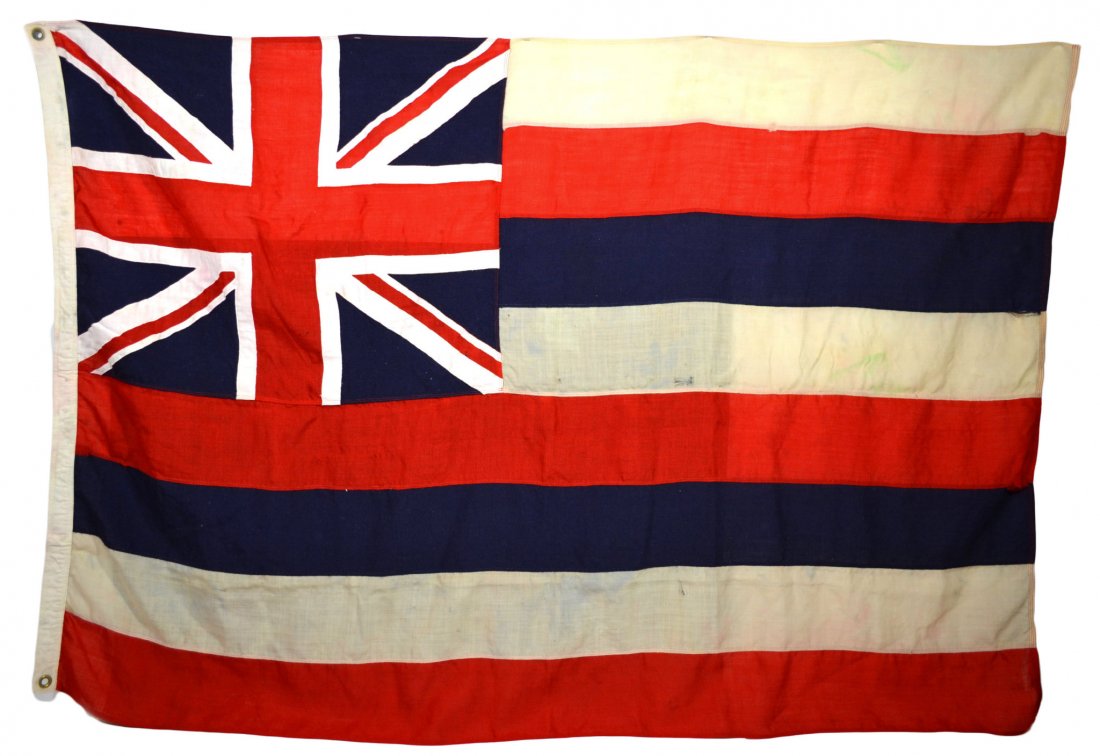 Hawaiian Flag, c. 1950: Hawaiian flag Country of Origin: United States Period: Circa 1950 Size: 44" H x 60" W Weight: 1 pound Condition: Good. Some very minor separations.