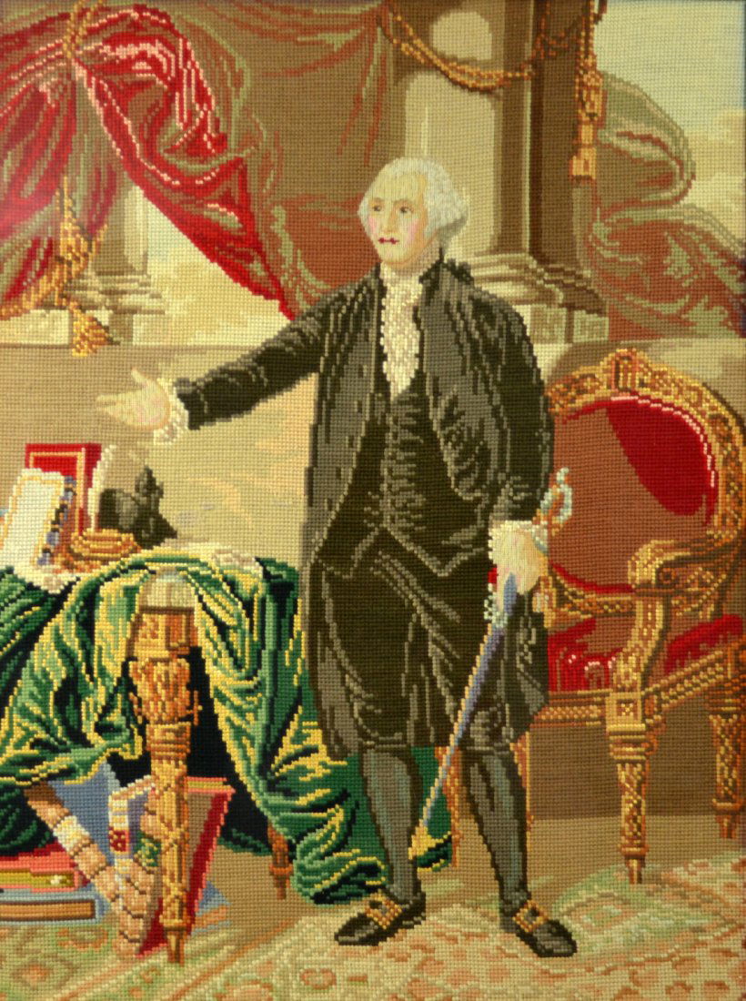 Berlinwork George Washington Landsdowne Portrait: Berlinwork Country of Origin: America Period: Circa 1850 Decoration: After Gilbert Stuart's Lansdowne portrait of Geroge Washington. Size: In Frame: 28" H x 22" W x 1.5" D Weight: 9 pounds Condition: