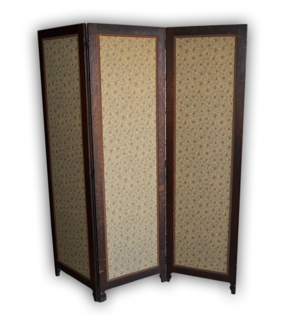 Folding Screen, 3 part, L& J G Stickley Bros.: Folding screen Wood: Fumed Oak Features: 3 part, Mission style period Arts & Crafts by L & J G Stickley. Stiles shaped at the bottom to form feet; recent fabric with trim at edges. Label: 'Quaint Furn