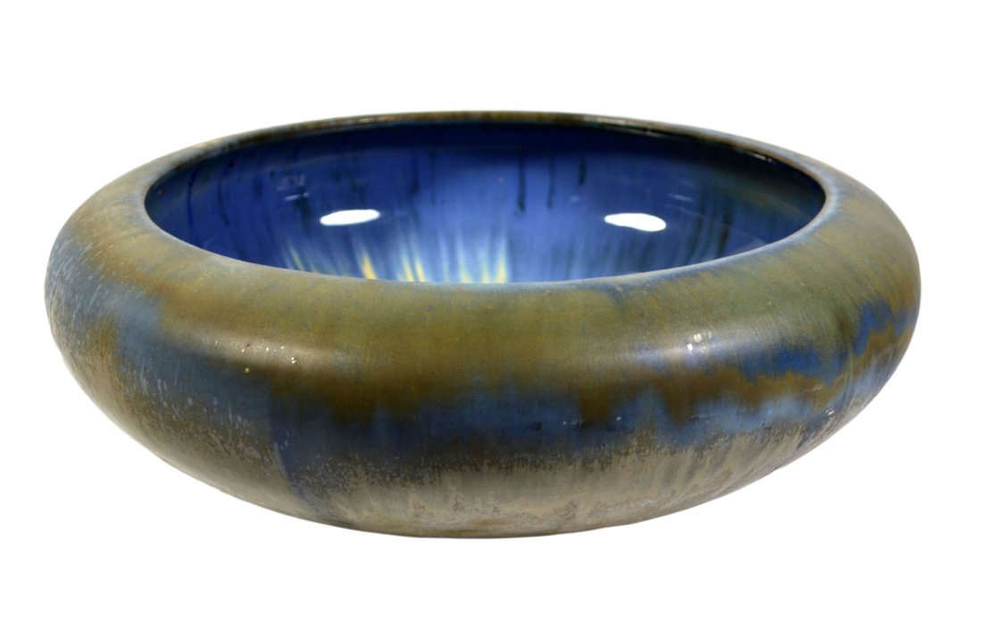 Bowl, Fulper Art Pottery, Glazed Interior: Form: Bowl Decoration: Fulper art pottery bowl, marked on bottom with glazed interior. Colors: Blue Markings: Fulper on bottom Date: Circa 1915 Size: 5" H x 13.75" Diameter Weight: 8.5 pounds Conditio