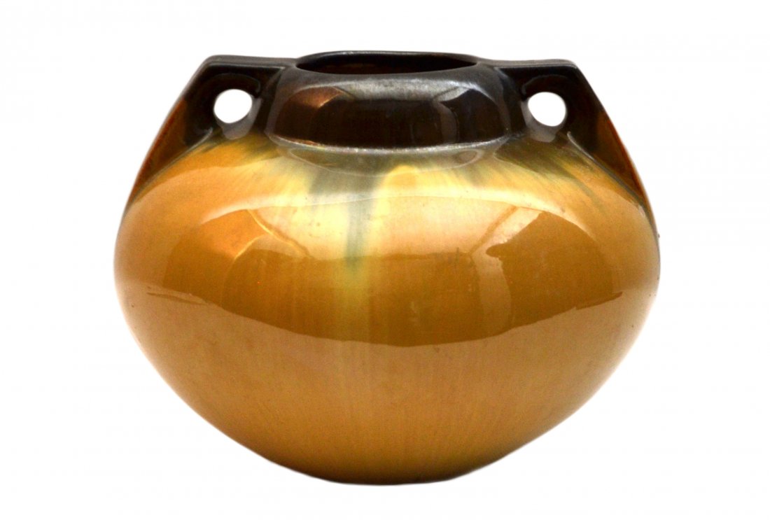 Vase, Fulper Art Pottery, Cat's Eye Flambe Glaze: Form: Vase Decoration: Fulper vase with cat's eye flambe glaze. Colors: Brown Markings: Fulper on bottom Date: Circa 1915 Size: 6.5" H x 7.5" Diameter Weight: 3.2 pounds Condition: Very good. Residue 