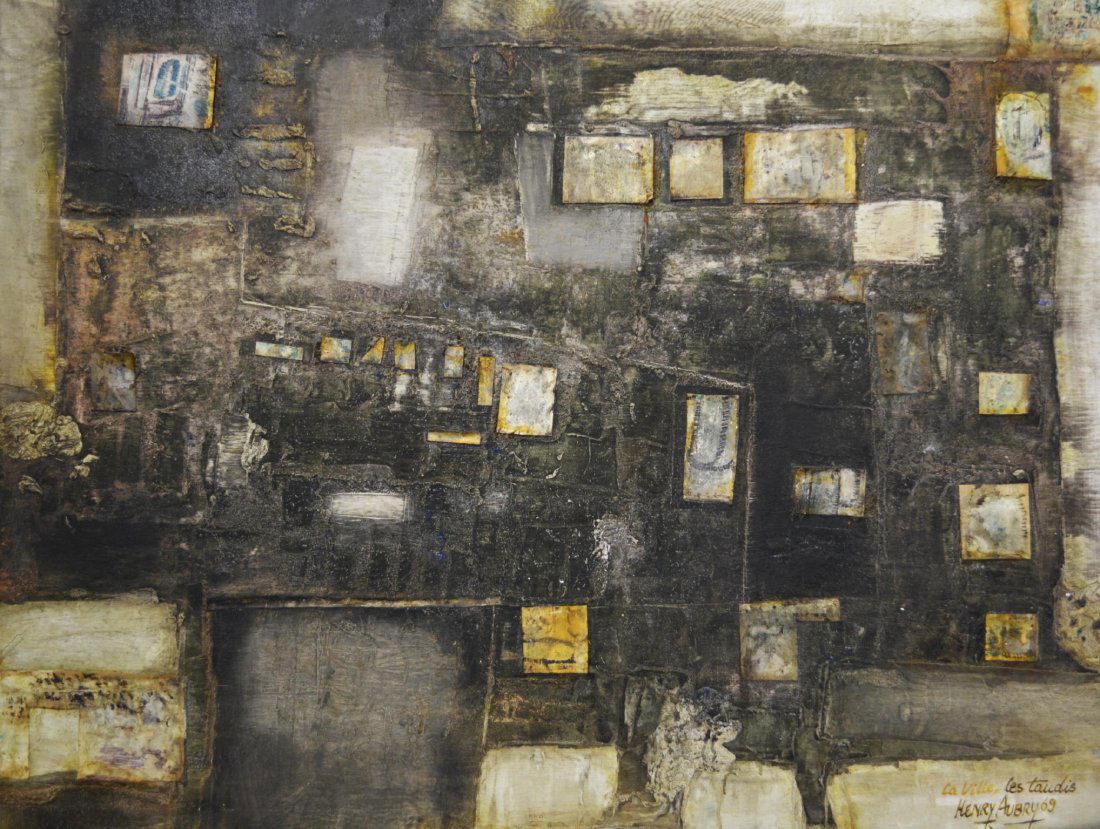 Oil on Plywood "La Ville, Les Taudis" Henry Aubry: Medium: Oil Support: Plywood Artist: Henry Aubry Country of Origin: France Title & Description: Titled in the lower right "La Ville, Les Taudis" translates to The City, The Slums. Signature: "Henry Au