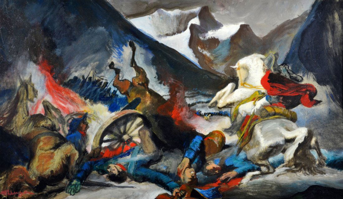 Gouache, Napolean in Battle, Gustav Rehberger: Medium: Gouache Support: Paper Artist: Gustav Rehberger Artist Dates: 1910 - 1995 Country of Origin: Austrian/American Title & Description: "Napolean in Battle" by Gustav Rehberger, executed in 1951 a
