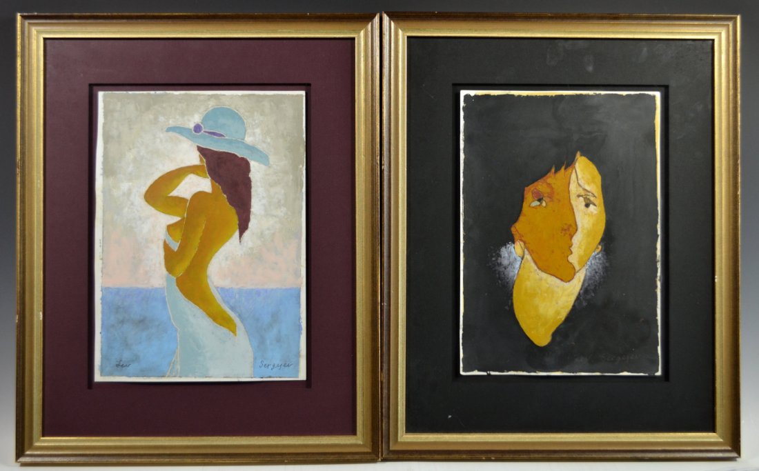 Pair, Tempera on Paper, Lev Sergejev: Medium: Tempera Support: Paper Artist: Lev Sergejev Title & Description: One depicts a female figure and the other depicts an abstract face. Signature: "Lev Sergejev" Date of Work: Late 20th Century F