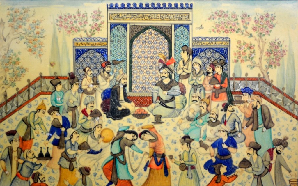 Painting on Celluloid, 'Persian Feast' 20th Cent.: Medium: Celluloid Title & Description: Painting depicts a typical Persian feast with dancers and food. Frame has inlaid ivory and decorative star pattern throughout. Stamped on back of wood frame "Teh