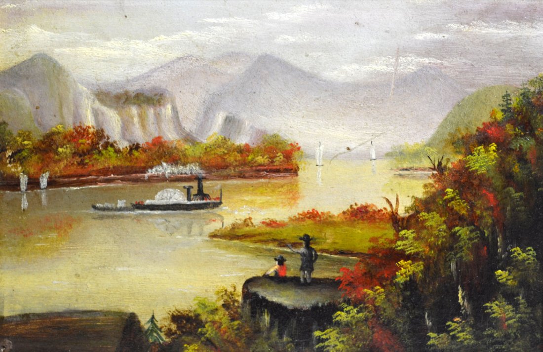 Pair O/B, Hudson River School Scene, 1878: Medium: Oil Support: Board & canvas board Artist: American school Artist Dates: 19th century Country of Origin: America Title & Description: Each painting depicts a Hudson River scene. The painting wi