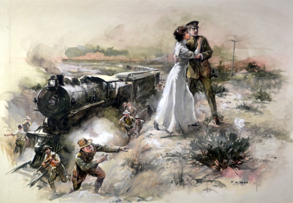 W/C/ Goache, Romantic Scene, F. C. Yohn: Medium: Watercolor and Gouache Support: Paper Artist: Frederick Coffay Yohn Artist Dates: 1875 - 1933 Country of Origin: America Title & Description: "A US officer holding his loved one"." A man and a