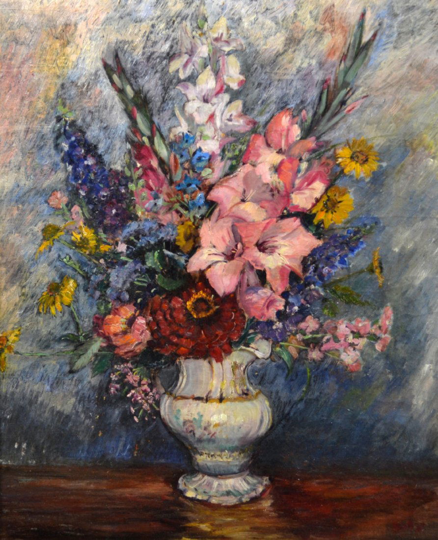 O/C, Max Kuehne, 'Floral Still Life', C. 1940: Medium: Oil Support: Canvas Artist: Max Kuehne. Artist Dates: 1880-1968. Country of Origin: America. Title & Description: 'Floral Still Life'. Painting depicts a vase filled with flowers resting on a