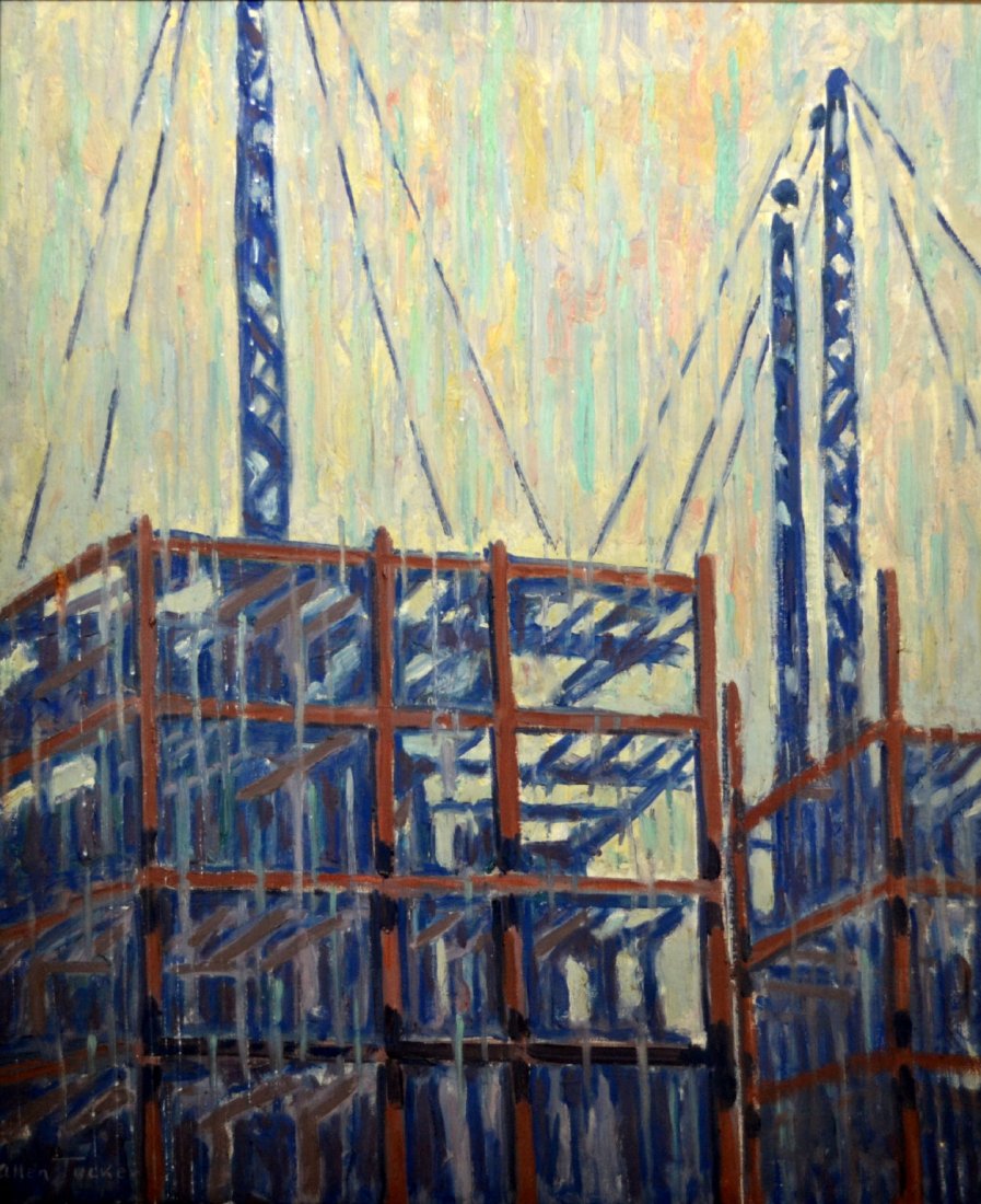 O/C "The Derricks" by Allen Tucker c. 1930: Medium: Oil Support: Canvas Artist: Allen Tucker Artist Dates: (1866 - 1939) Country of Origin: United States Title & Description: Painting depicts a scene with derricks. Verso has a label which reads