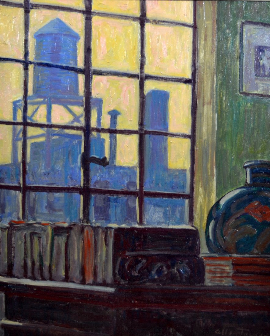 O/C "View From The Window" by Allen Tucker: Medium: Oil Support: Canvas Artist: Allen Tucker Artist Dates: (1866 - 1939) Country of Origin: United States Title & Description: Painting depicts a view of a water tower from a library window. Signe