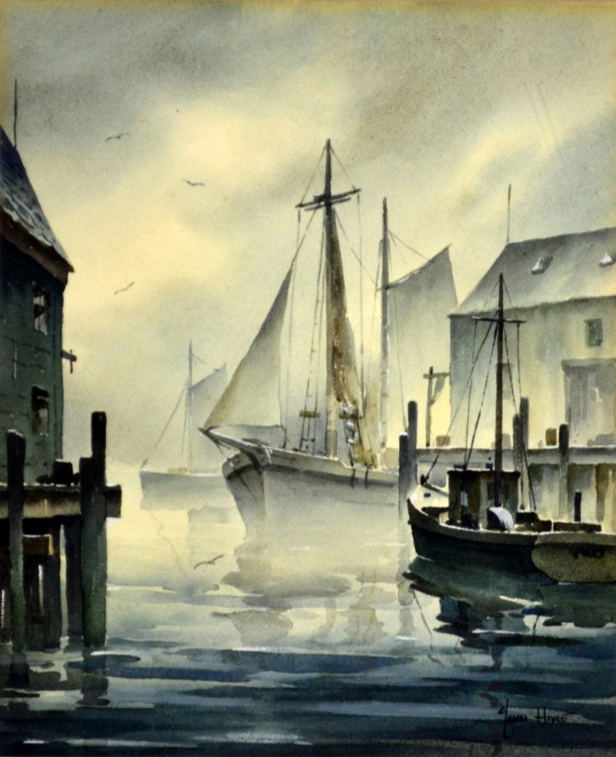 W/C 'Foggy Harbor Scene' by John Hare: Medium: Watercolor Support: Paper Artist: John Cuthbert Hare Artist Dates: (1908 - 1978) Country of Origin: America Title & Description: Painting depicts a foggy harbor scene with multiple vessels. Si
