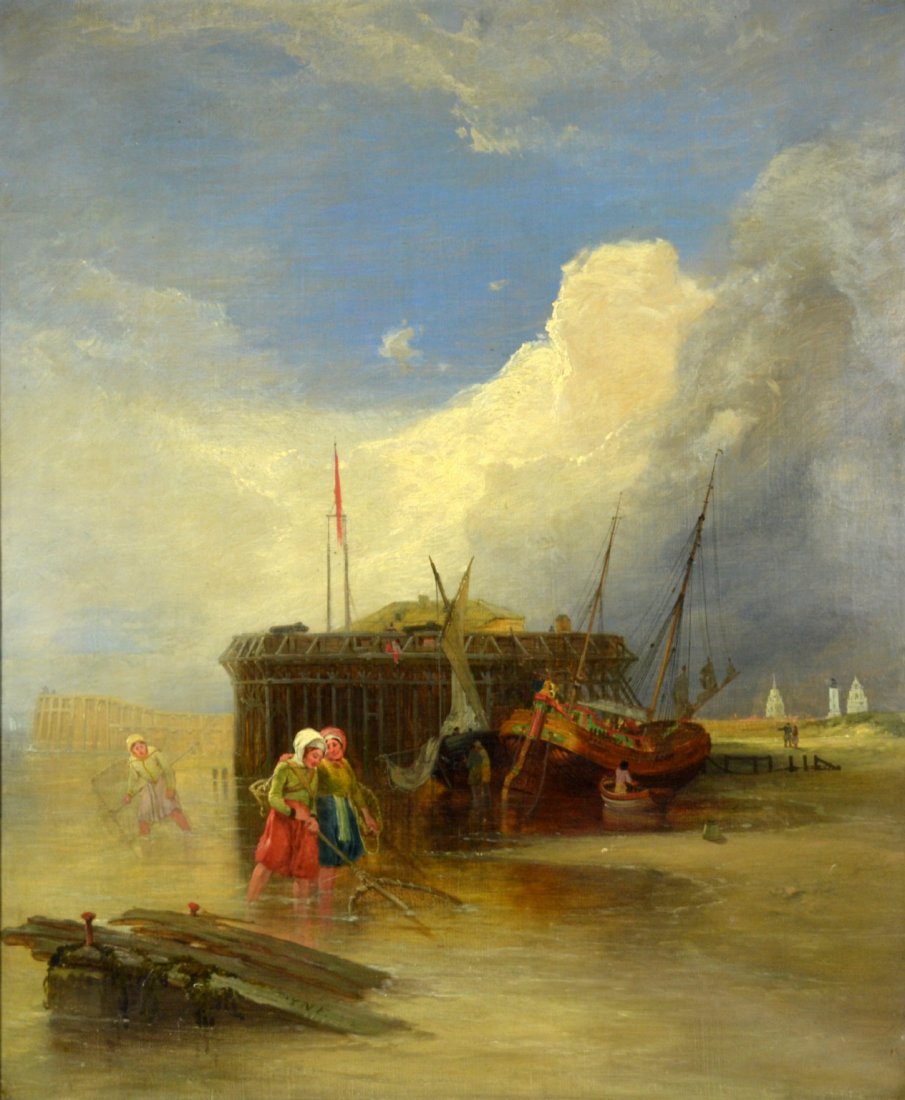 O/C 'Coastal Fishing Scene' by James Baker Pyne: Medium: Oil Support: Canvas Artist: James Baker Pyne Artist Dates: (1800 - 1870) Country of Origin: United Kingdom/ England Title & Description: Painting depicts a coastal fishing scene with women in