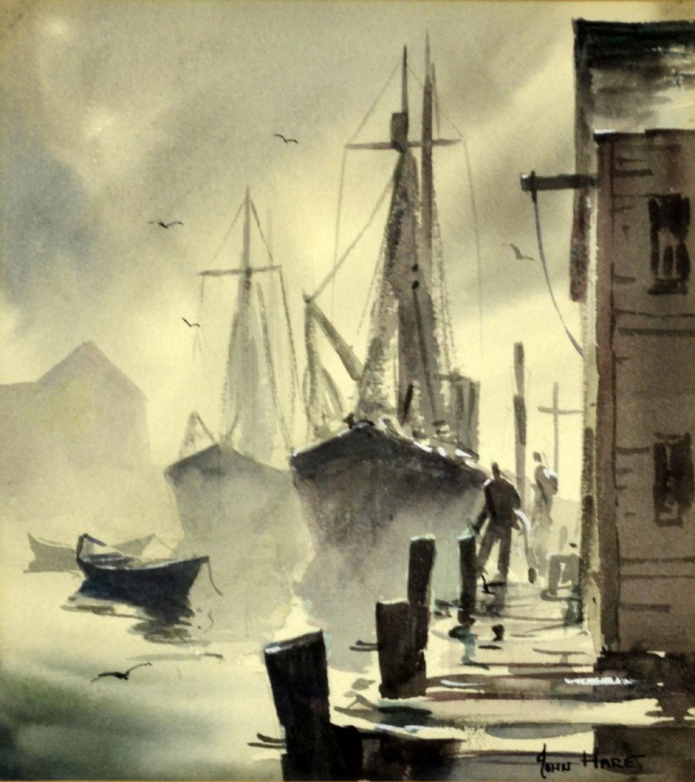 W/C 'Dock Scene' by John Hare: Medium: Watercolor Support: Paper Artist: John Cuthbert Hare Artist Dates: (1908 - 1978) Country of Origin: America Title & Description: Painting depicts a foggy scene with multiple vessels and men on