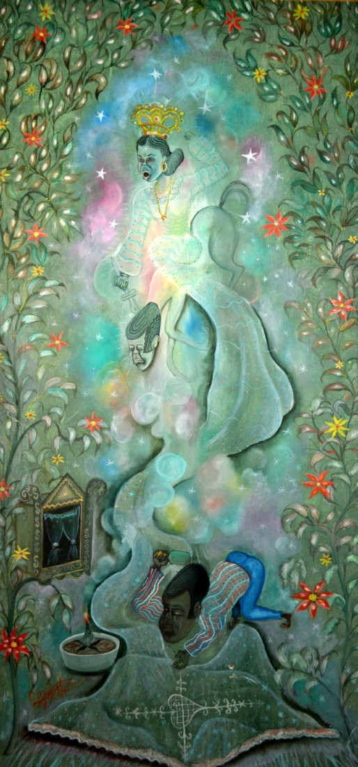 O/B 'Man and Wife' by Lionel St. Eloi: Medium: Oil Support: Board Artist: Lionel St. Eloi Artist Dates: 1950 - Country of Origin: Haiti Title & Description: The painting depicts a man crying over his wife practicing a ritual ceremony. The 