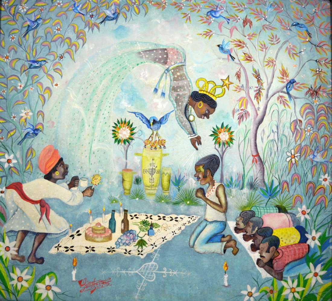 O/B 'Voodoo Picnic' by Lionel St. Eloi: Medium: Oil Support: Board Artist: Lionel St. Eloi Artist Dates: 1950 - Country of Origin: Haiti Title & Description: The painting depicts a fantasy-like ceremony practice before a meal, surrounded by