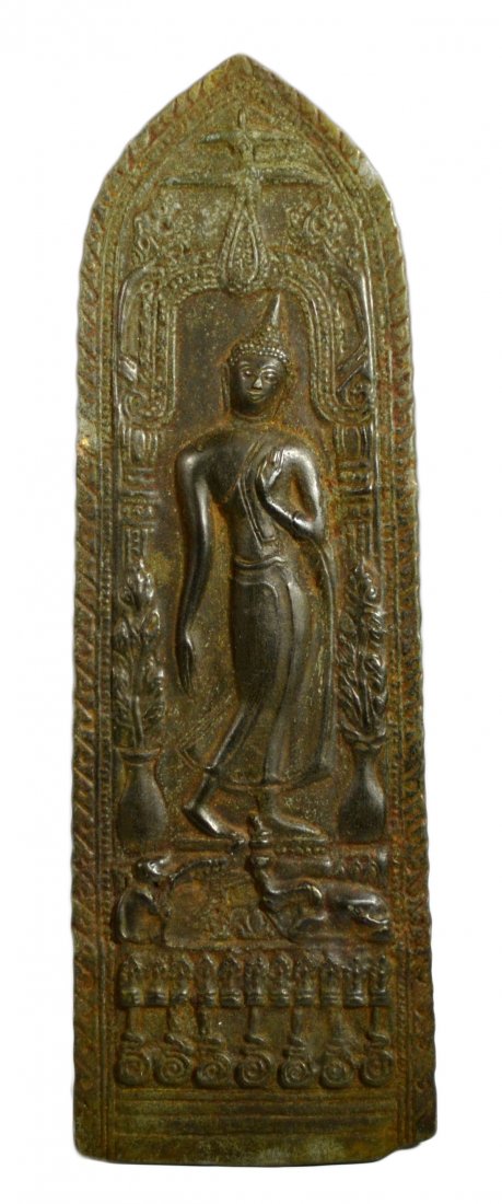 Cast metal plaque, Buddha, Thailand: Buddha Plaque Age: 19th c.? Materials: Soft metal Marks: None Country of Origin: Thai Description: Walking Buddha, from Thailand, his heel off the ground with his left hand held out was a gesture that