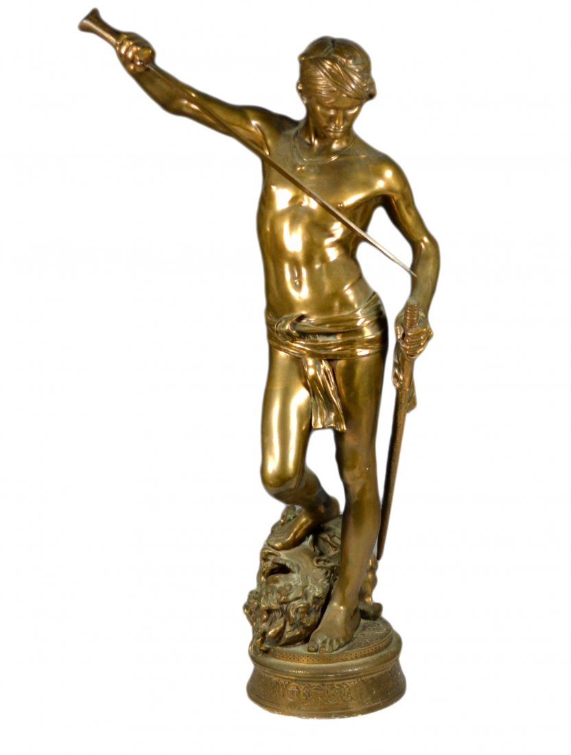 Bronze, David & Goliath, Marius Jean Antonin Mercie: Sculpture Age: 19th Century Materials: Bronze Marks: A. Mercie Description: Sculpture depicts David stepping over Goliath after triumph with sword. Inscribed at bottom "A. Mercie" and underneath head 