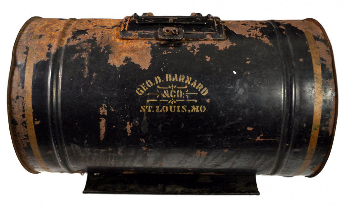 Mule-Mounted Ballot Box, Geo. Barnard, St.Louis,: Ballot box Material: Tin Construction: Soldered Marks: Geo. D. Barnard & Co. St. Louis, MO Colors: Black Features: Barrel-shaped ballot box in black finish with stenciled bands, sunbursts on sides and