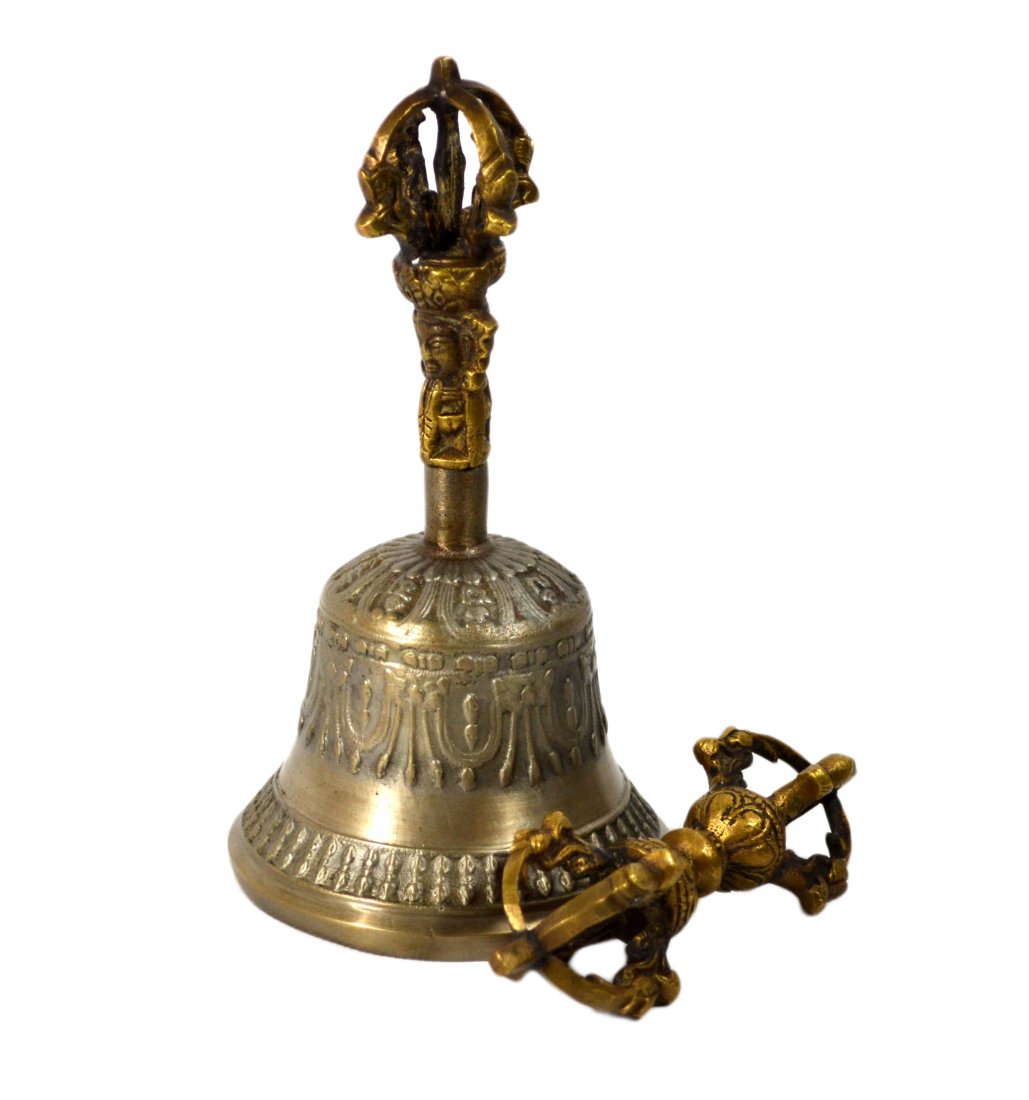 Tibetan Buddhist Ritual Set: Dorje and Bell Material: Metal Alloy Marks: 20th Century Colors: Bronze Features: Buddhist Ritual Set of Vajra and Ghanta/ Dorje and Drilbu Size: 6.5 x 3.5 x 3.5 inches (bell); 3/4 x 4-3/4 inches. Per