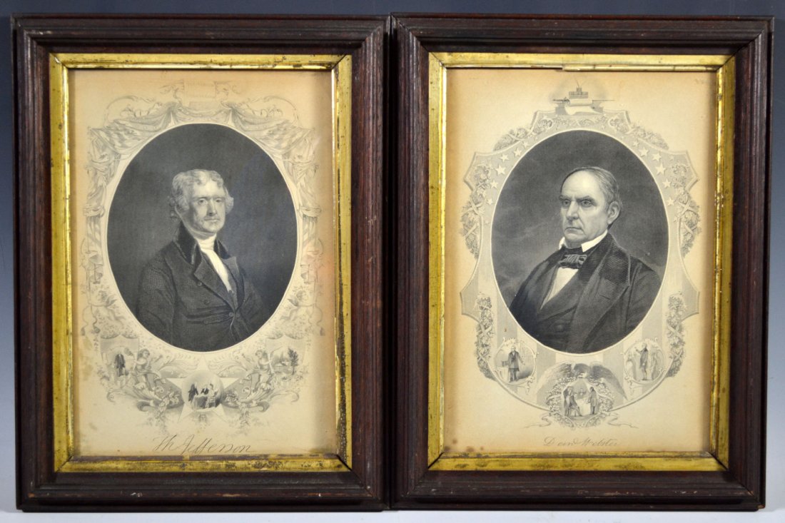Pair of Prints, Thomas Jefferson & Daniel Webster: Title: Thomas Jefferson & Daniel Webster Description: Two prints depict Thomas Jefferson and Daniel Webster. The surrounding decoration around Jefferson reads “President, Monticello and Declaration 