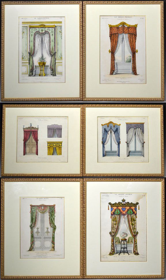 (6) Prints, Le Gard Meuble, Desire Guilmard: Title: Le Gard Meuble Artist: Desire Guilmard Publisher: Desire Guilmard Description: From the Collection de Tentures. They feature elegant curtains. 4 are frame size: 19.5" H x 16" W x 1" D and work