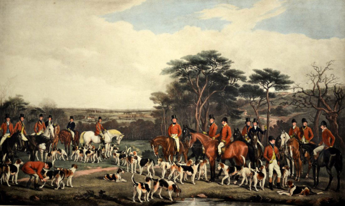 Print, "Sir Richard Sutton & The Quorn Hounds": Title: Sir Richard Sutton & The Quorn Hounds Artist: Francis Grant Publisher: Thomas McLean Engraver: Frederick Bromley Description: Depicts multiple men on horses with hounds. The bottom reads "Engra