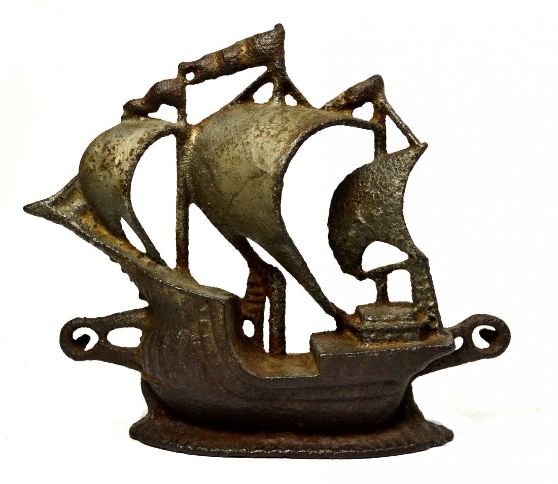 Half Moon, Henry Hudson, Cast Iron, 19th Century: Cast iron portrait of the Half Moon able to be mounted Material: Cast Iron Description: sailing ship with 3 masts. Sails show with cross, crescent moon, and star. Construction: Cast Date: 19th Century