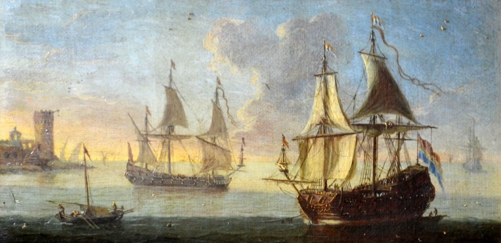 O/C Pair 'Warships' Dutch, 18th C.: Medium: Oil Support: Canvas Country of Origin: Dutch Title & Description: Each painting depicts warships with stone buildings in the background. In the first painting, a ship flies red, white and blue