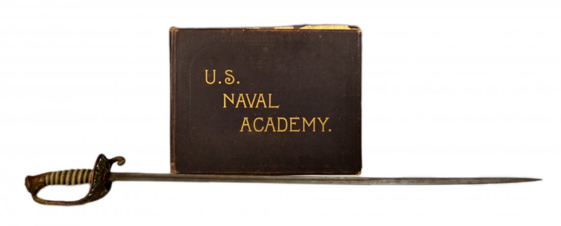 Sword & Yearbook, I. Cooper, Naval Academy, 1890: Sword and Yearbook Material: Steel, brass, sharkskin Construction: Peen riveted Marks: Horstmann, Philadelphia Features: Blade: etched about 2/3 the length within a six pointed star with the maker's n