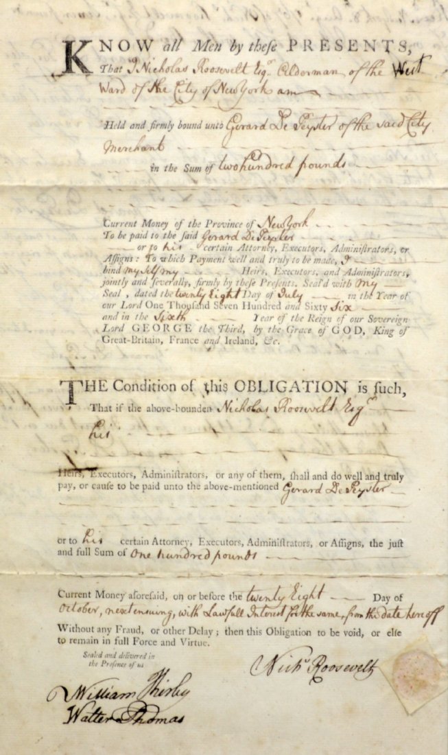 Document, Nicholas Roosevelt, 1766: Document Date: 1766 Description: A promissory note dated July 28th, 1766 obligating Nicholas Roosevelt, west ward alderman, City of New York, to pay the sum of one hundred pounds to Gerard DePeyster o