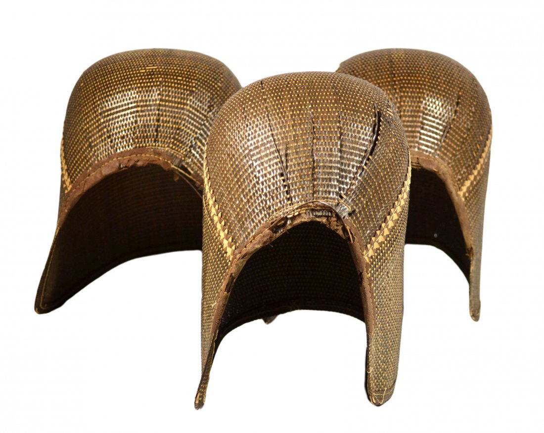 (3) Shaker Bonnets, 19th Century: 3 Shaker bonnets Age: 19th Century Description: Woven bonnets each with a size 6 label inside. Size: 9.5" H x 8 W x *" D Weight: 2 pound Condition: Good. Some losses around domed area, the largest bei