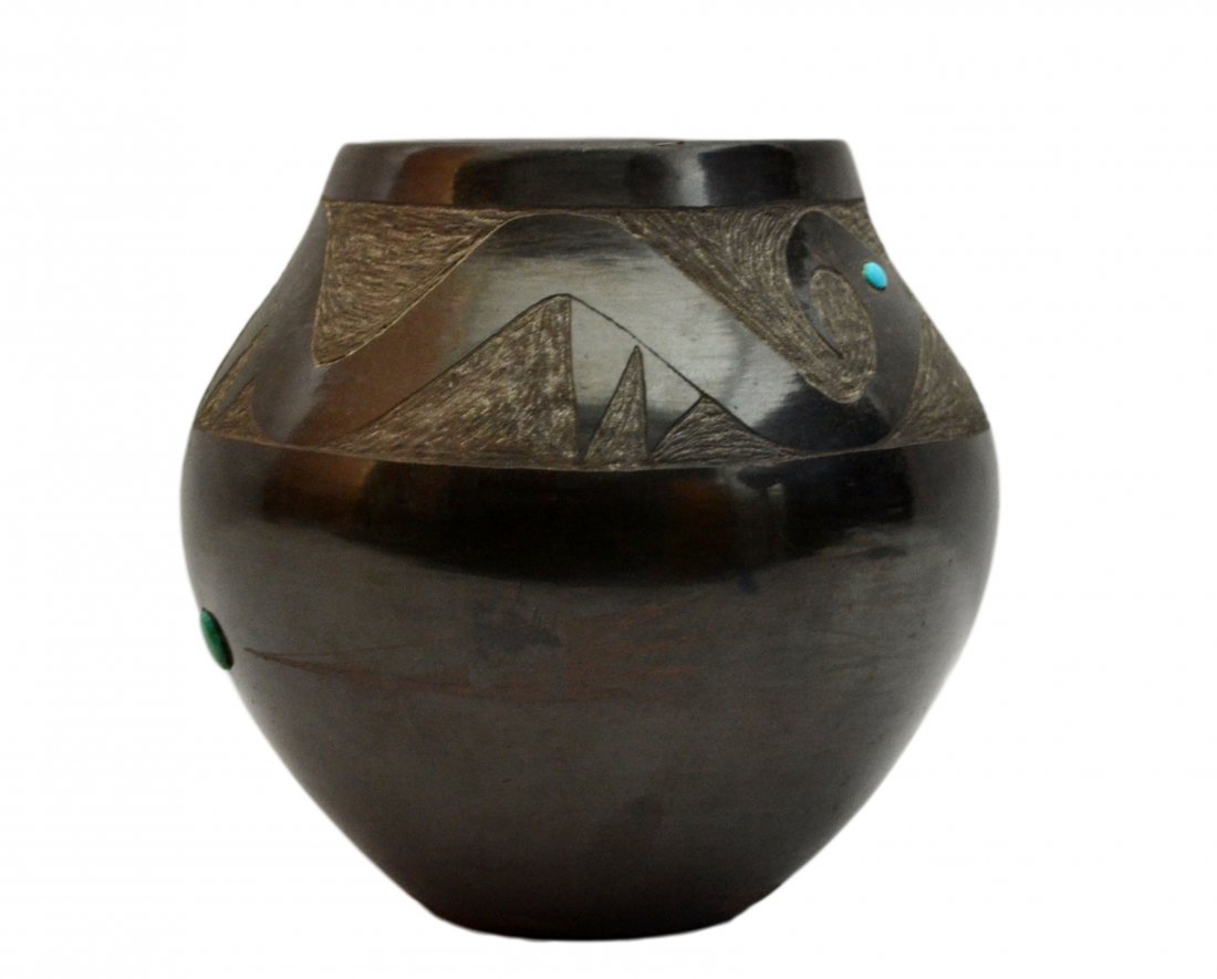 Blackware Pottery Jar, Elizabeth Lovato: Jar Maker: Elizabeth Lovato Materials: Earthenware Age: c. 1980 Description: Provenance: Dr. James E. Connor ,1939-1994- Ford White House, secy. to the cabinet, administrator to the President. Blackwa