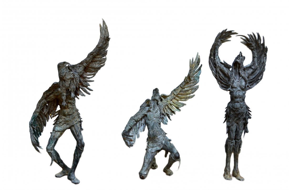 (3) Bronzes, Native Americans by Gib Singleton: Bronze Sculpture Age: 20th Century Materials: Bronze Marks: Singleton Country of Origin: United states Description: The three bronze sculptures depict three Indians with angel wings doing ritual dance