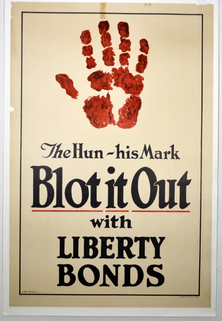 WWI The Hun His Mark, Blot It Out, Allen St. John: Artist: James Allen St. John Artist Dates: 1872-1957 Signed Within Plate: Yes Date of Work: 1919 Description: This is the first poster to call the Germans Huns. The bloody hand print identifies their