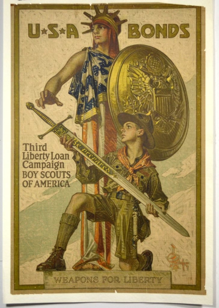 WWI Boy Scouts, Third Liberty Loan, Leyendecker: Artist: Joseph Leyendecker Artist Dates: 1875-1951 Signed Within Plate: Yes Date of Work: 1918 Description: rare WWI propaganda poster showcases a boy scout bending at the sword as if being knighted b