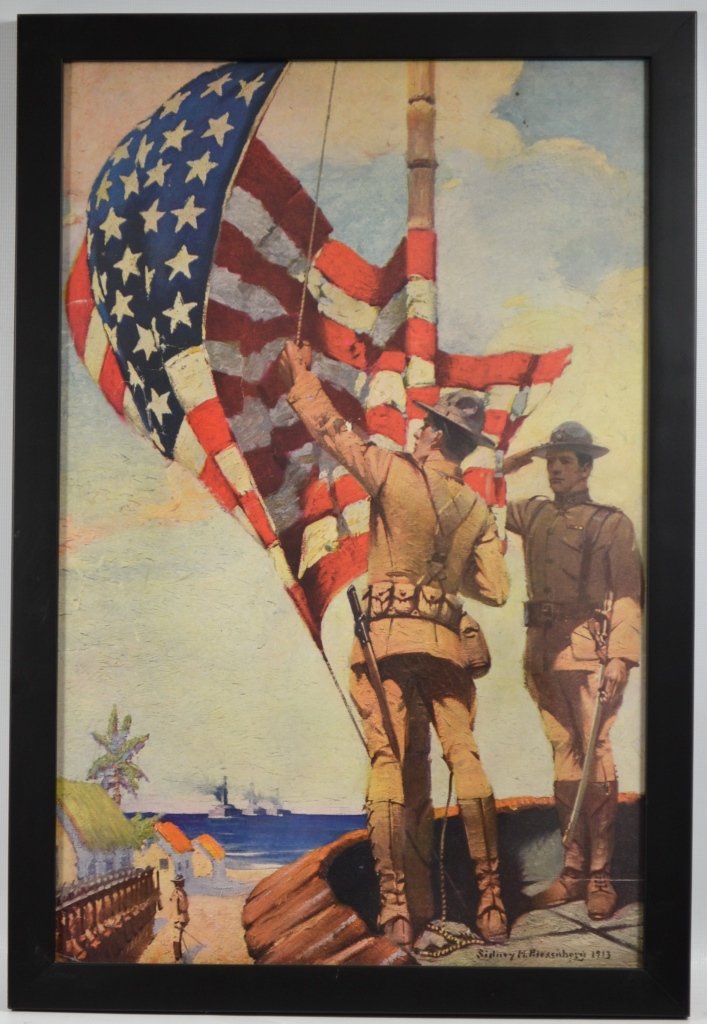 WWI Marines Hoisting Flag, Sidney Riesenberg: Artist: Sidney Riesenberg Artist Dates: 1885 - 1971 Signed Within Plate: Yes Date of Work: 1913 Description: Poster depicts Marines hoisting an American Flag. This collection is from Dr. David Orzeck 