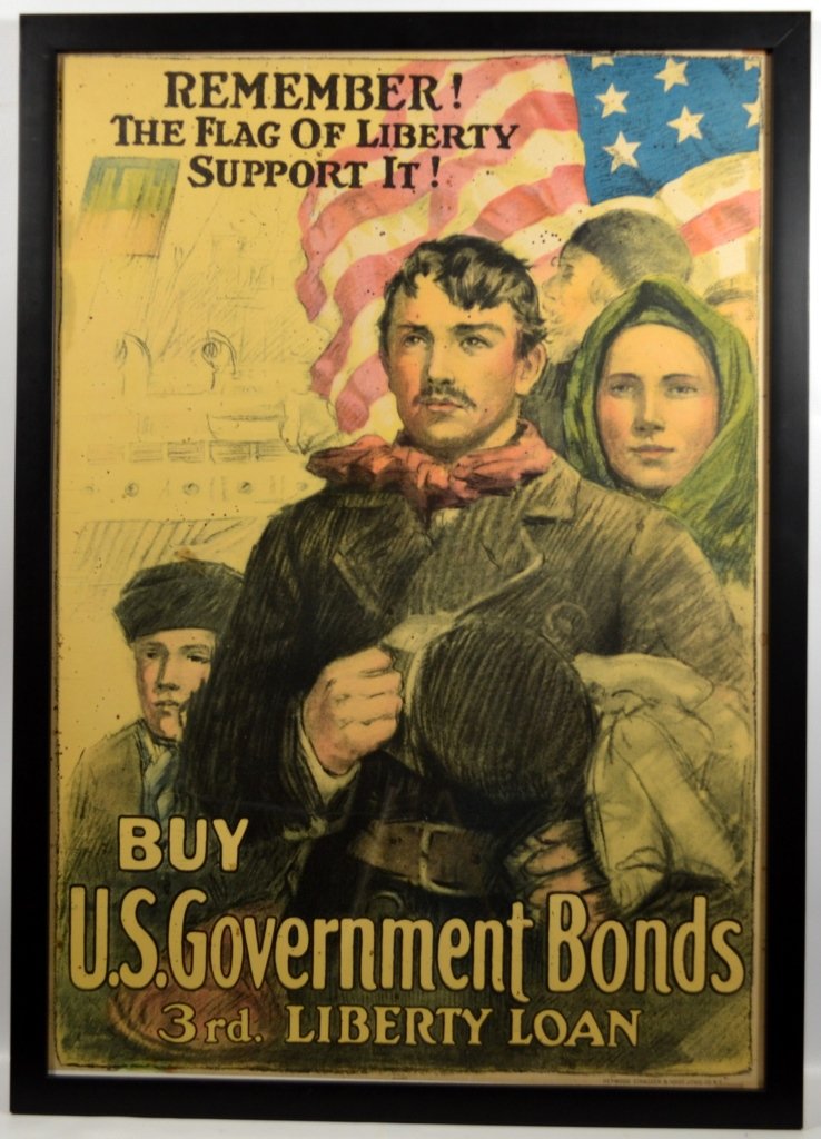 WWI Remember The Flag of Liberty, Riesenberg: Artist: Sidney Riesenberg Artist Dates: 1885 - 1971 Signed Within Plate: No Date of Work: 1918 Description: This poster shows a young immigrant family arriving in the United States, with the ship that