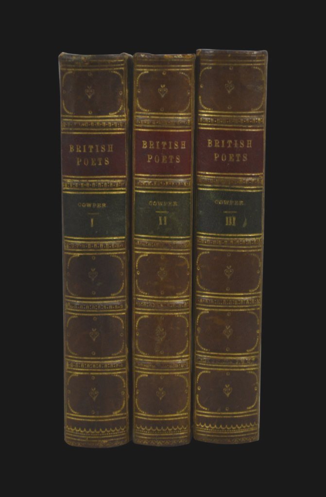 3 Books, "British Poets" by John Bruce, c. 1865: Title: British Poets Author: Author: John Bruce Volumes: 3 Publisher: Bell and Daldy York Street Date: c. 1865 Binding: Leather Page decoration: Painted Number of pages: 420 estimate per volume Proven