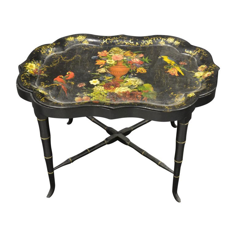 Tray on Stand, Hand-Painted, Late 19th c.: Table with inset Wood: Ebonized Features: Inset tray is hand painted depicting a vase of flowers and birds on black lacquer. Painted gilt scroll decoration throughout. Stand is contemporary. Date: c.