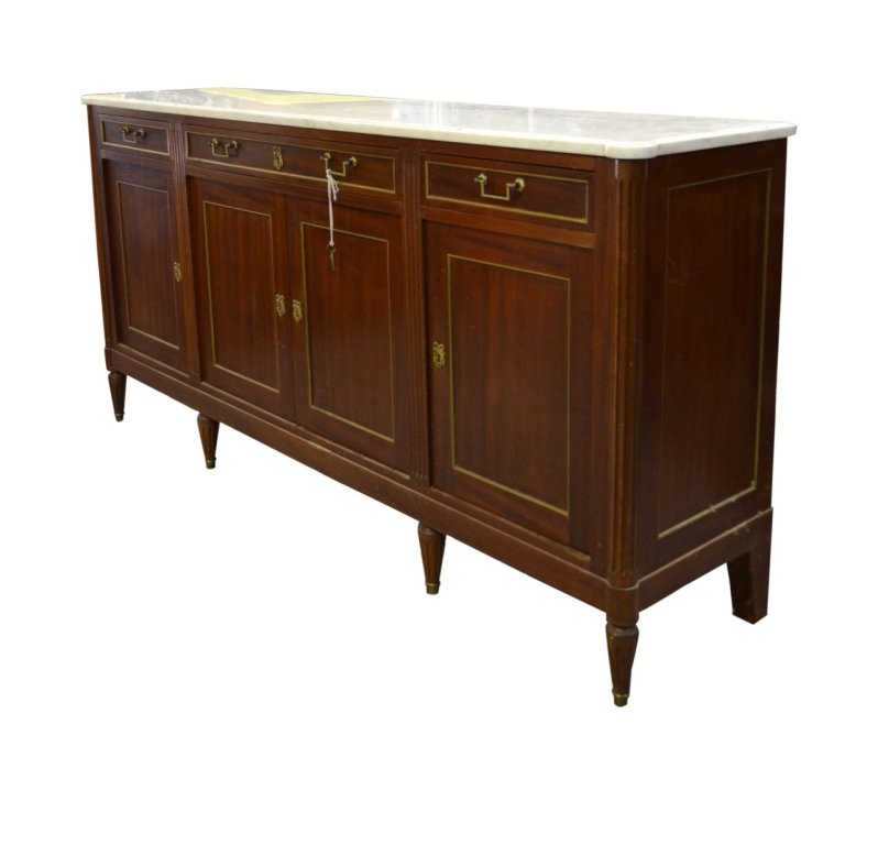 Sideboard, French, Marble Top, c. 1860: Sideboard Wood: Mahogany Joinery: Dovetailed Features: A French marble top sideboard. Red Velvet in top three drawers. Reeded legs, ribbon escutcheons, and brass decoration around drawers and doors. D